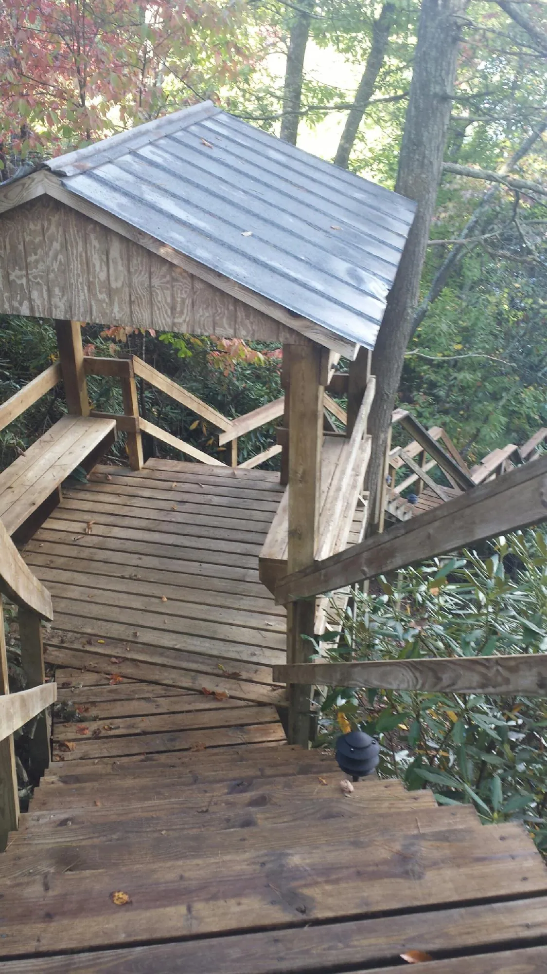 Metal roofed shelter over wooden steps on a wooded walkway — Skylight Repair & Installation work by our crew in Tiptonville